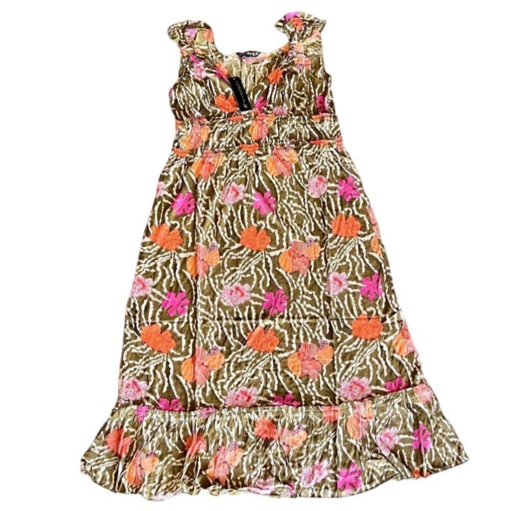 Chaudry KC V-Neck Midi Dress in Green with Pink/Orange Poppy Print. Medium. NWT!